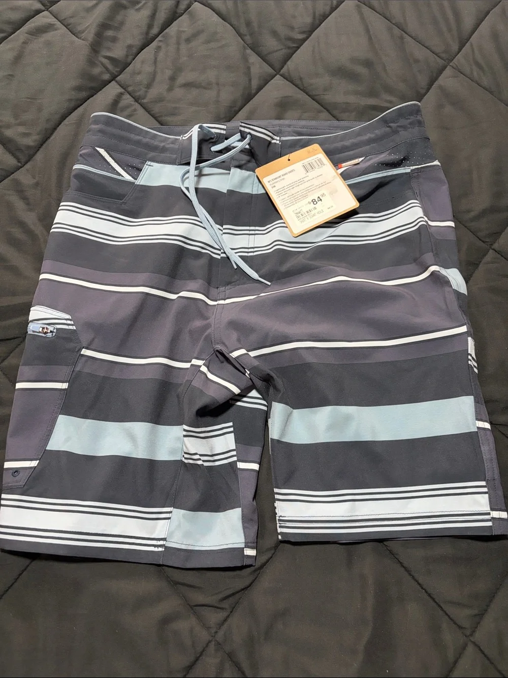 Simms Men's Navy and Light Blue Striped Swim Board Shorts - Picture 1 of 4